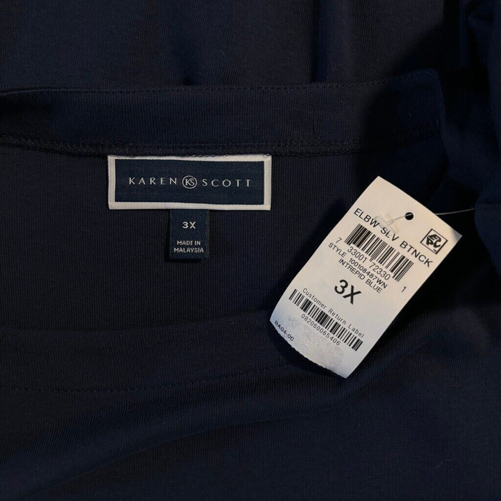Karen Scott Plus Size Navy Blue 100% Cotton Elbow-Sleeve Top NWT.