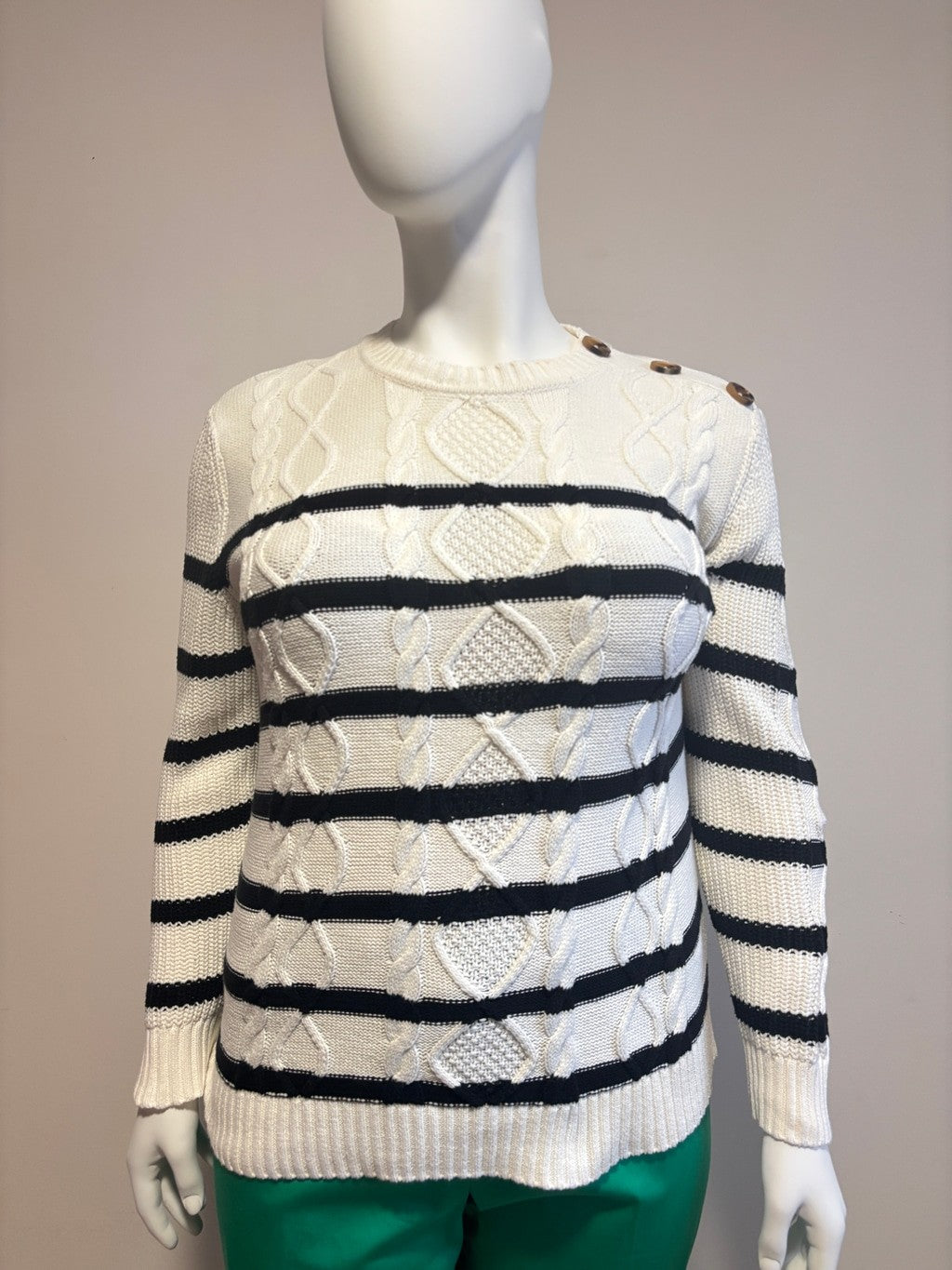 Style & Co. Size Large Striped Beige Cable Knit Button Shoulder Sweater NWT