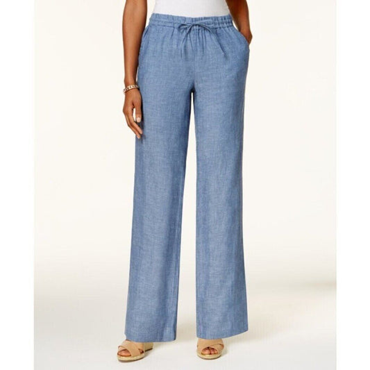 Charter Club Luxury Line Blue Petite 100% Linen Drawstring Pants NWT