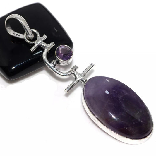 Natural Purple Amethyst and 925 Silver Plated Pendant - 2.7" Long - NWT