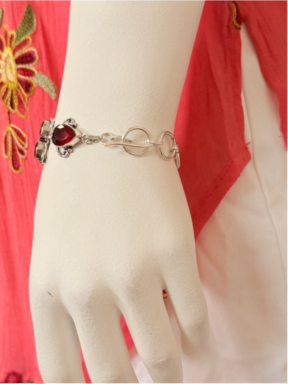 Pink Topaz & Red Garnet Gemstone 925 Silver Plated Bracelet NWT