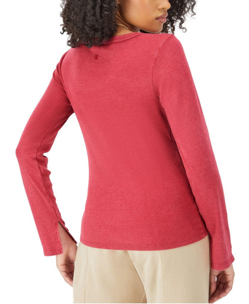 Champion Size Large Red Ribbed Scoop Neck Long Sleeve Tee Top NWT