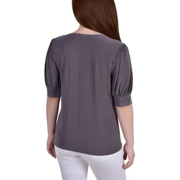 NY COLLECTION Petite Short Sleeve Balloon Sleeve Charcoal Grey Top NWT