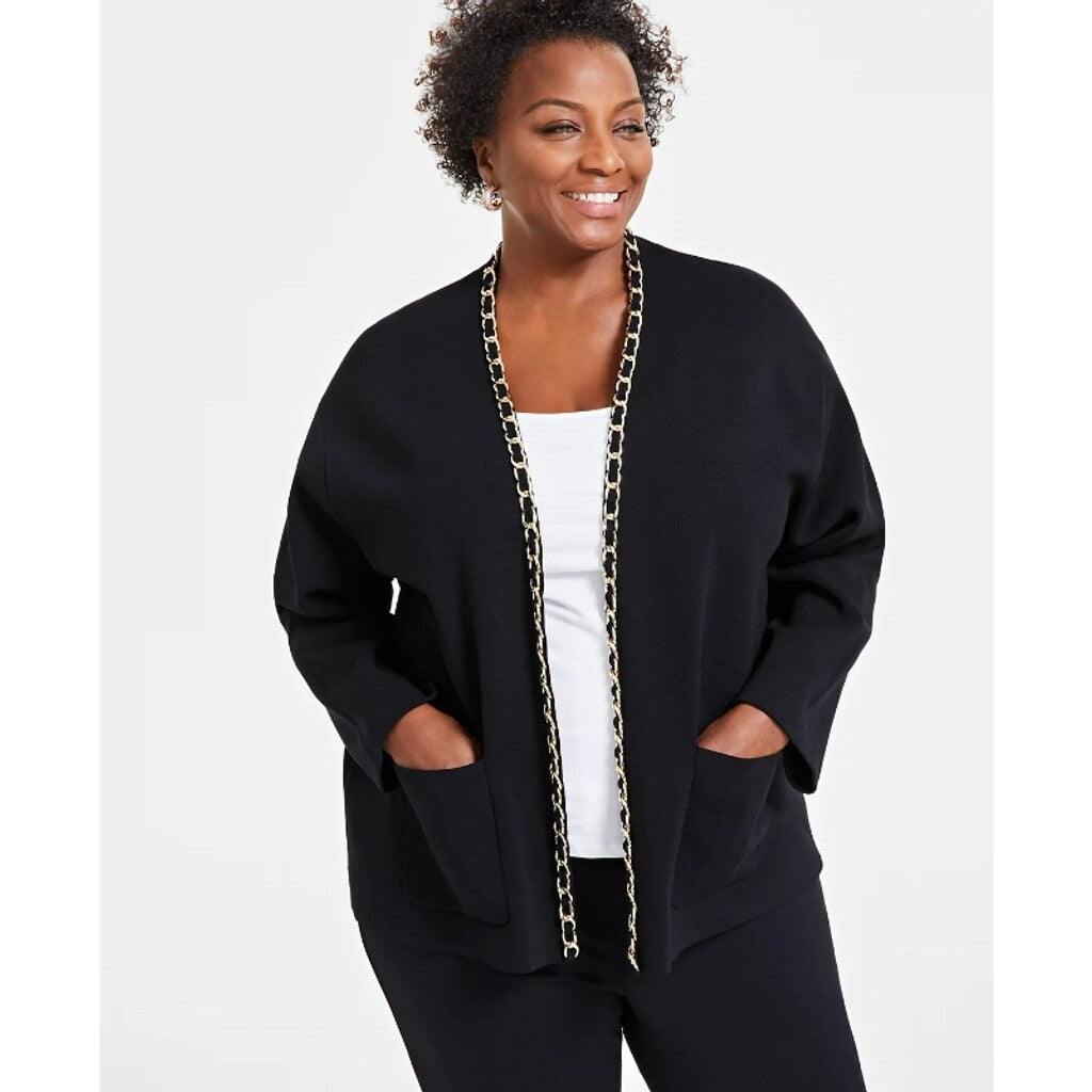INC International Concepts Plus Size 2X Gold Chain-Trim Black Cardigan NWT