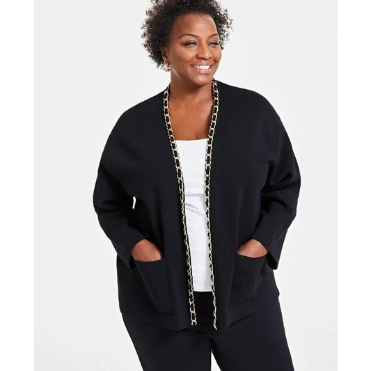 INC International Concepts Plus Size 2X Gold Chain-Trim Black Cardigan NWT