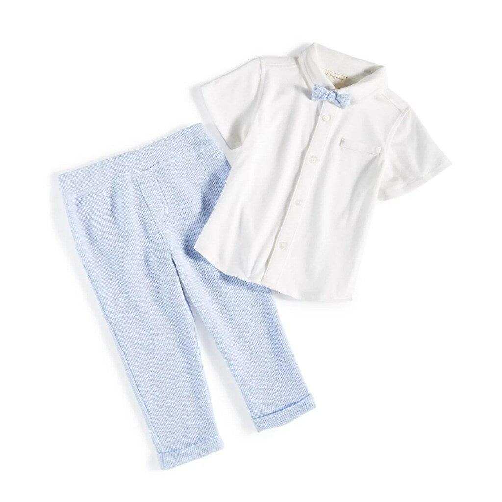 First Impressions 12M Baby Boys Button-Down Bowtie Shirt and Waffle Pants NWT
