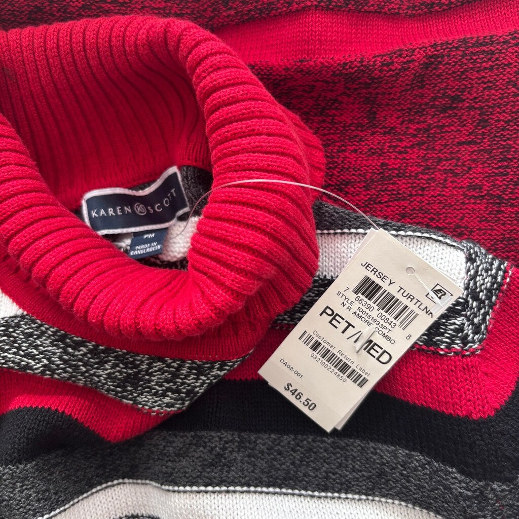 Karen Scott Petite Medium 100% Cotton Red & Black Printed Turtleneck Sweater NWT