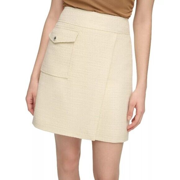 CALVIN KLEIN Women's 14 Faux-Wrap Tweed Light Beige Pocket-Front Pencil Skirt  NWT