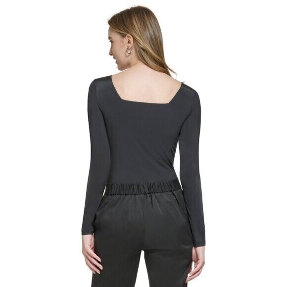 CALVIN KLEIN Women's Square-Neck Black Long Sleeved Bodysuit NWT
