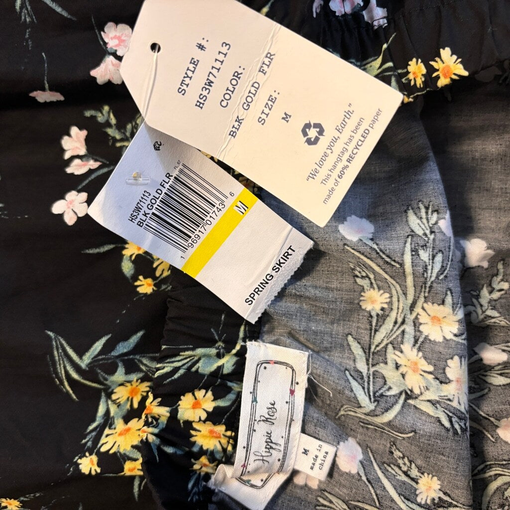 Hippie Rose Juniors' M Elasticized-Waist Tiered Black Floral Mini Skirt NWT