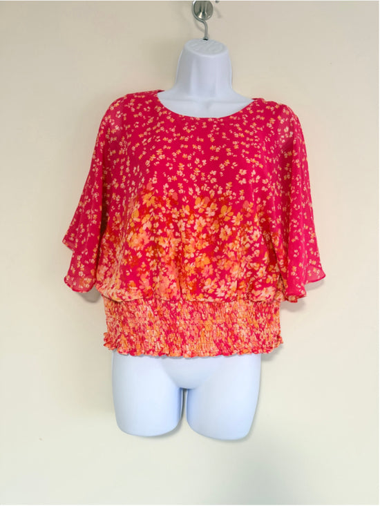 Sam & Jess Women's Petite Large Pink Floral-Print Sleeves Smocked Top NWT