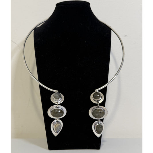 925 Silver Plated Choker Fiery Labradorite Gemstone Adjustable Necklace NWT