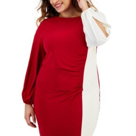 Kasper Plus Size Quinn White and Red Colorblocked Split-Sleeve Dress NWT