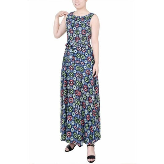 NY Collection XLP Petite Sleeveless Belted Black & Neon Chiffon Maxi Dress NWT