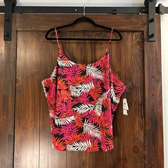 Bar III Women's Black and Pink Leaf-Print Scoop-Neck Satin Cami Top NWT