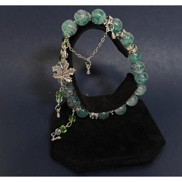 Green Beaded Maple Leaf Charm Bracelet - Stretchy NWT