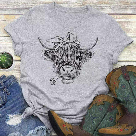 SHEIN Women's Cute Cow Print Grey and Black Tee Graphic Casual Top NIB