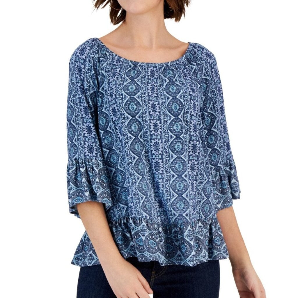 Style & Co. Petite Small Blue Floral Printed On-Off Top with 3/4 Sleeves NWT.