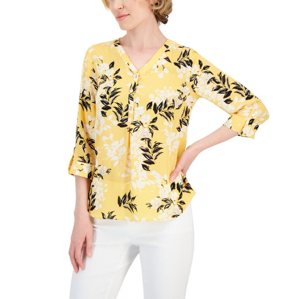 JM Collection Women's Large Petite White Floral Printed Yellow Utility Top NWT