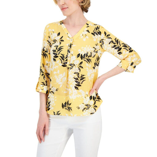 JM Collection Women's Large Petite White Floral Printed Yellow Utility Top NWT