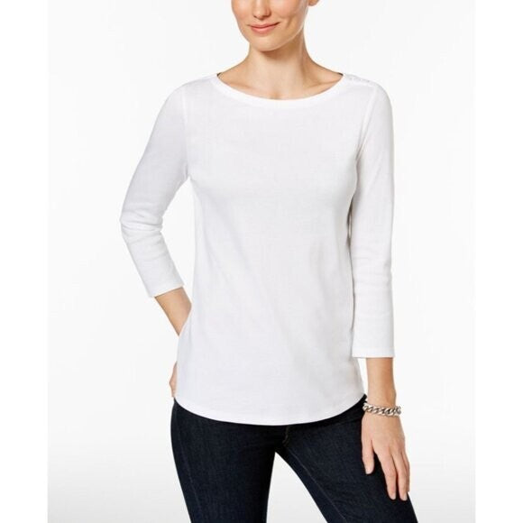 Charter Club Petite XL White Pima Cotton Button-Shoulder 3/4 Sleeve Top NWOT