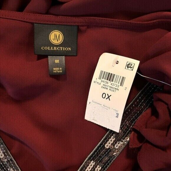 JM COLLECTION Plus Size Burgundy Sequined-Neck 3/4-Sleeve Top NWT