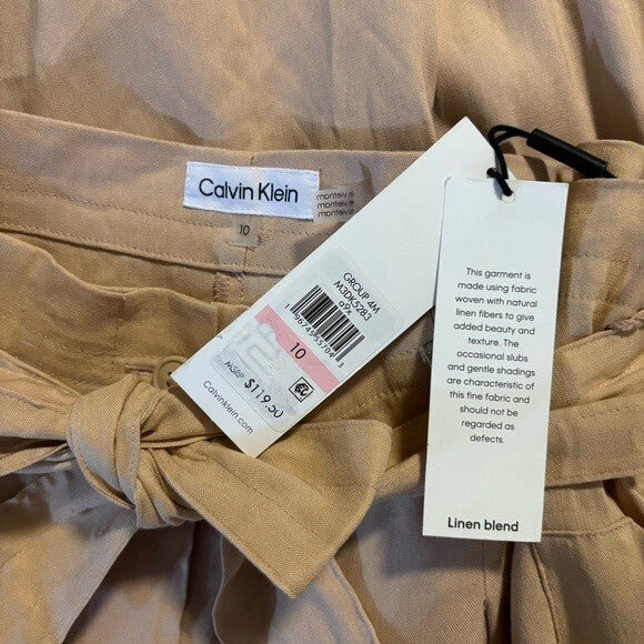 CALVIN KLEIN Women's Linen Blend High-Rise Tie-Waist Dress Pants, Beige NWT