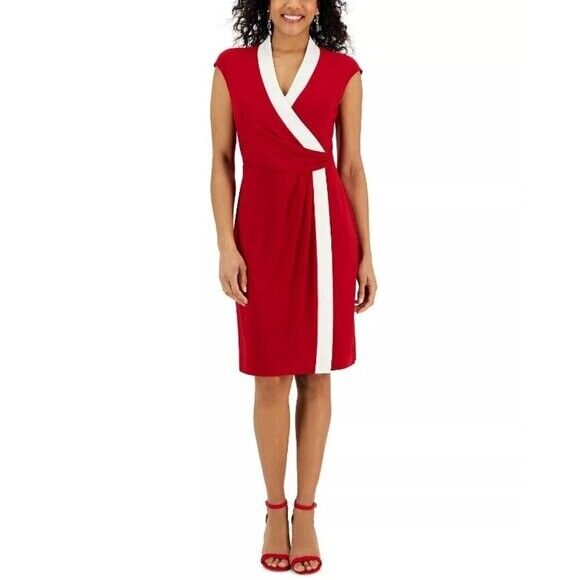 Kasper Red and White Colorblocked Faux-Wrap Cap-Sleeve Dress NWT