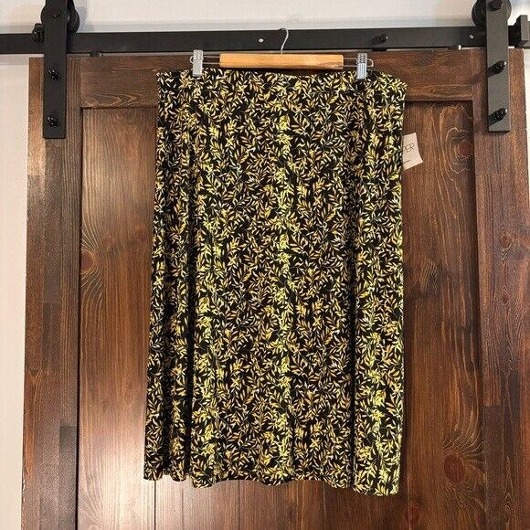 KASPER Plus Size Black and Yellow Leaf-Print Pull-On Midi Skirt NWT