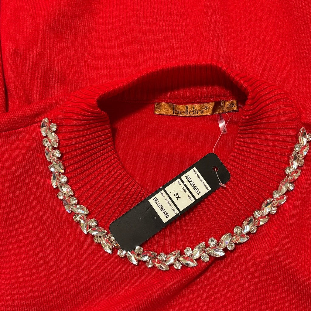 Belldini Plus Size 3X Red w/ Crystal Embellished Mock Neck Sweater NWT