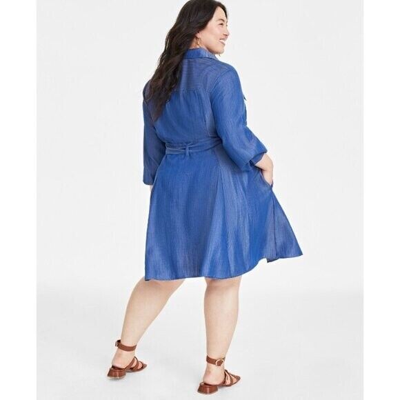 On 34th Plus Size Chambray Long-Sleeve Belted Shirtdress NWT