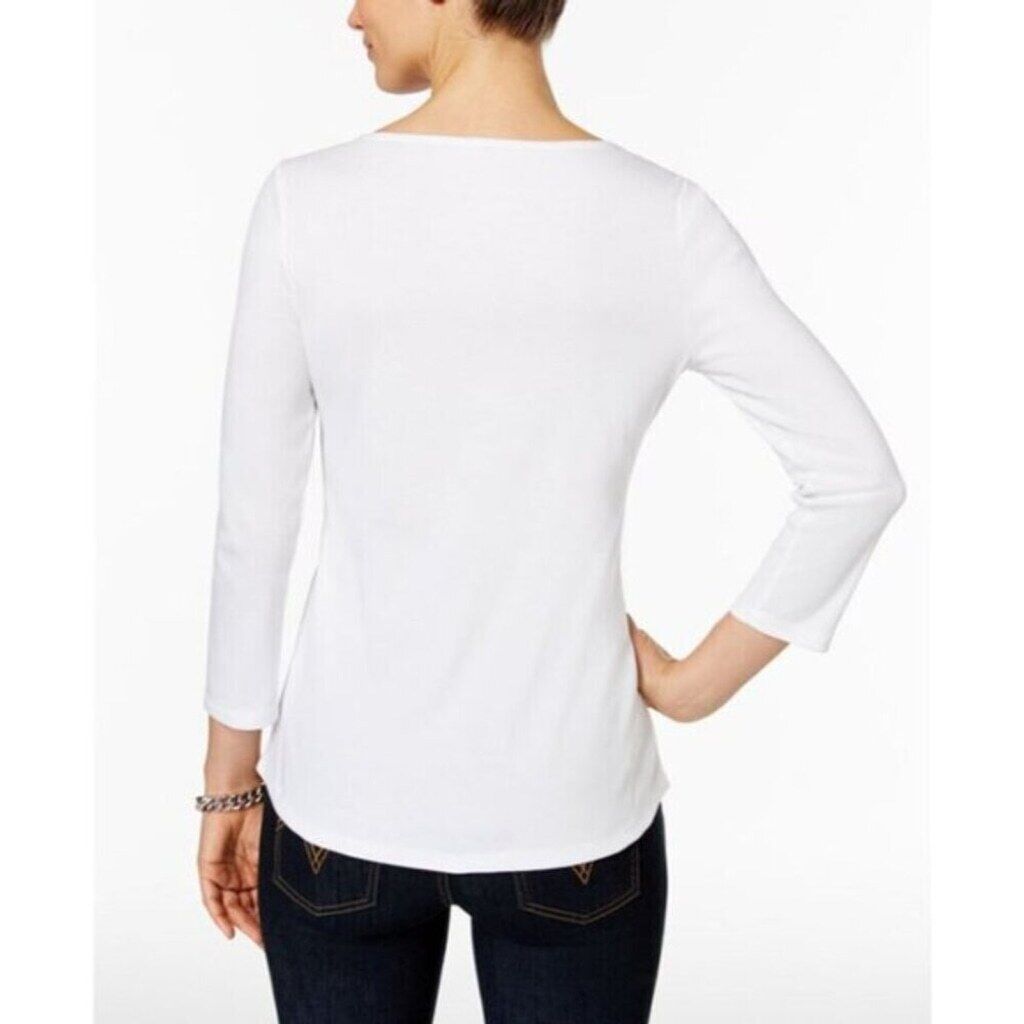 Charter Club Petite Large White Pima Cotton Button-Shoulder 3/4 Sleeve Top NWT