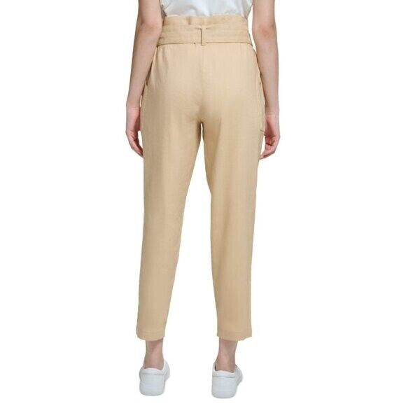 CALVIN KLEIN Women's Linen Blend High-Rise Tie-Waist Dress Pants, Beige NWT