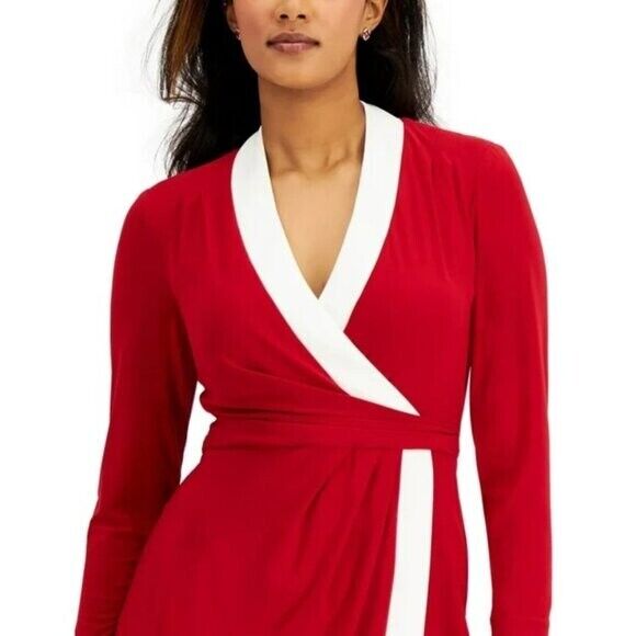 Kasper Sheath Dress Long Sleeve Color Block Faux Wrap Mid-Length Red & White NWT