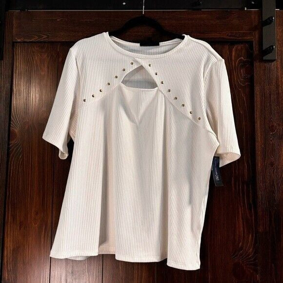 INC International Concepts Plus Size 2X White Ribbed Studded Top NWT