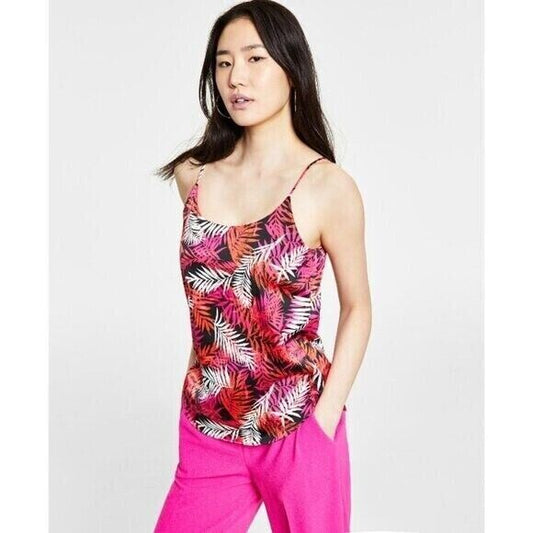 Bar III Women's Black and Pink Leaf-Print Scoop-Neck Satin Cami Top NWT