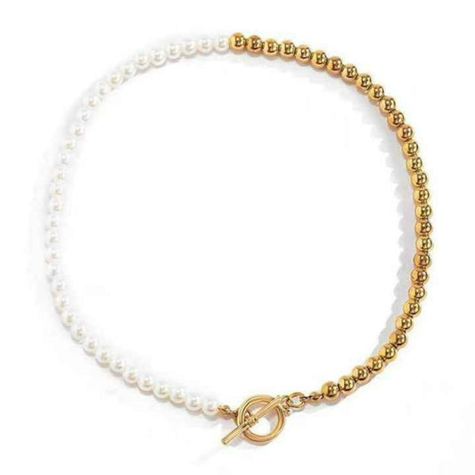 Classic Gold Colored OT Clasp Pearl Bead Chain Choker Necklace for Women NWT