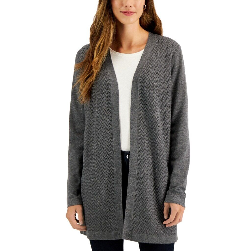 Karen Scott Women's Small Grey Open-Stitch Open-Front Long Cardigan NWT