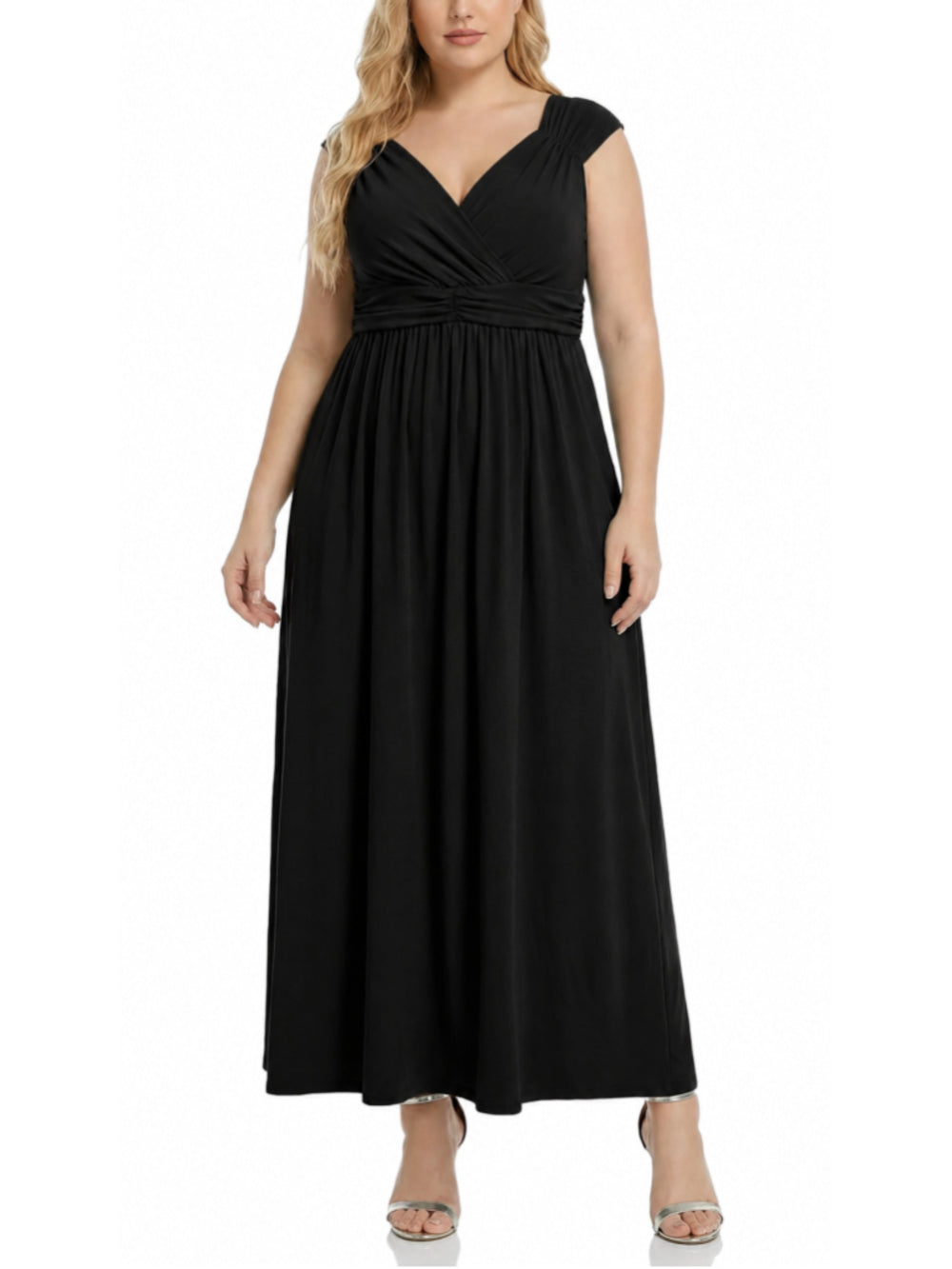 NY Collection Women's 3X Black Ruched Empire Waist Maxi Dress Plus Size NWT