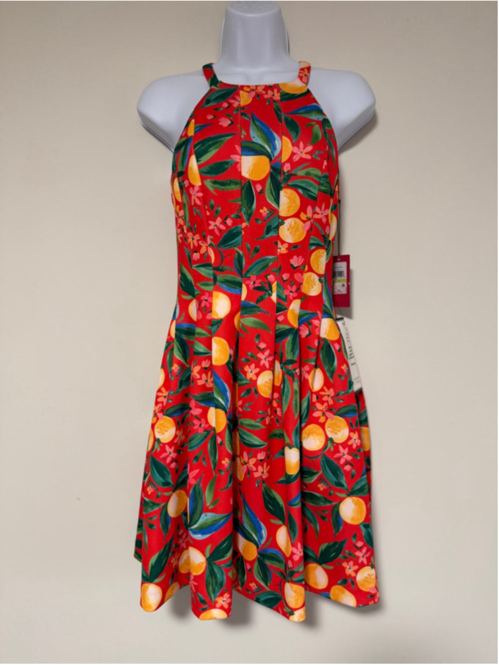 Vince Camuto Size 4 Citrus Print Red Scuba Crepe Halter Sleeveless Dress NWT