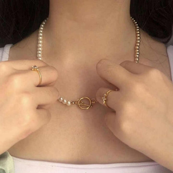 Classic Gold Colored OT Clasp Pearl Bead Chain Choker Necklace for Women NWT