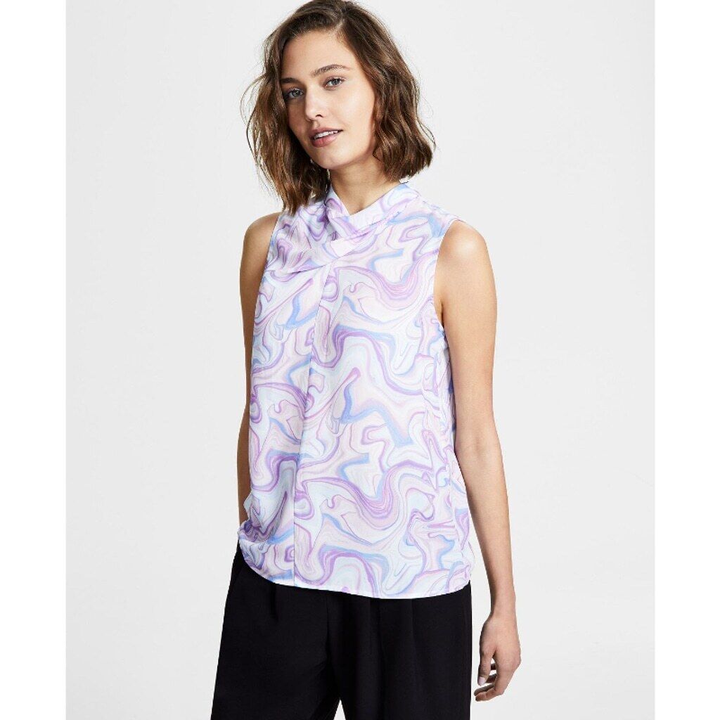 Bar III Women's XXS Purple & White Marble Print Cowl Neck Sleeveless Blouse NWT
