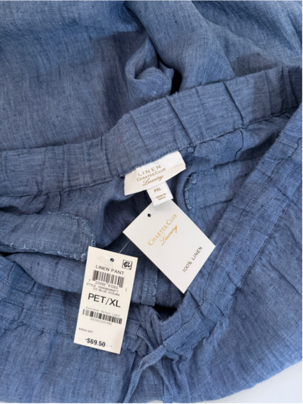 Charter Club Size XLP Luxury 100% Linen Blue Pull On Cropped Pants NWT