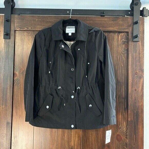 Charter Club Petite Black Hooded Anorak Rain Jacket Drawstring Waist NWT