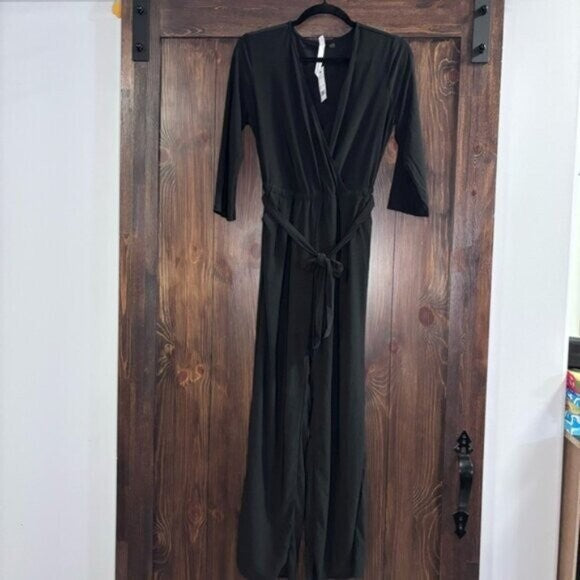 NY Collection Petite 3/4 Sleeve Belted Wide Leg Black Jumpsuit NWT