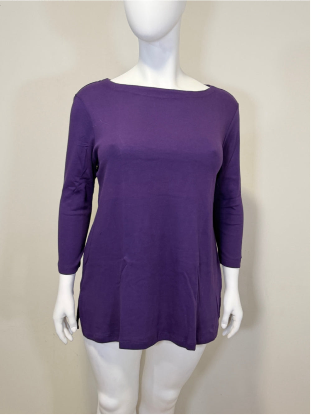 Karen Scott Extra Large 100% Cotton Purple 3/4 Sleeve Boat Neck Tunic Top NWT