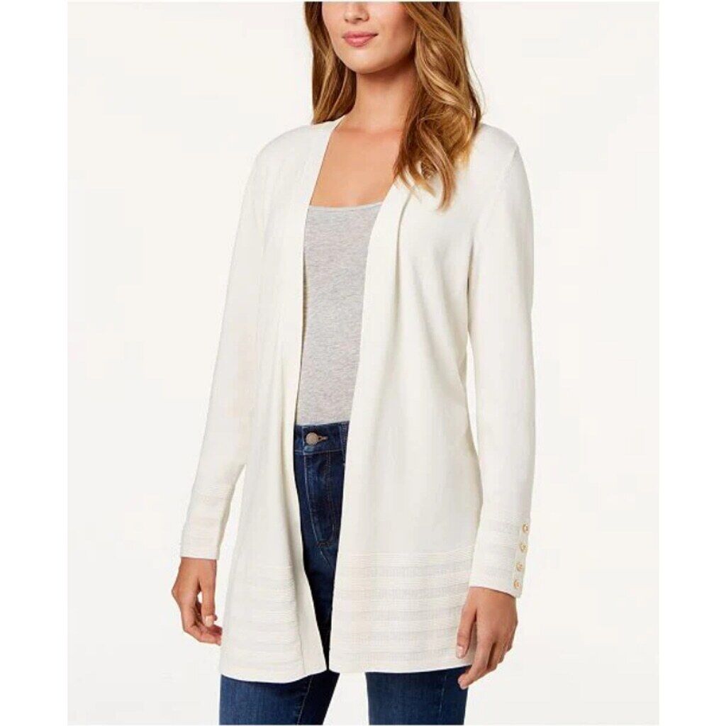 Charter Club Women's Medium Petite Cloud White Ribbed Open-Front Cardigan NWT