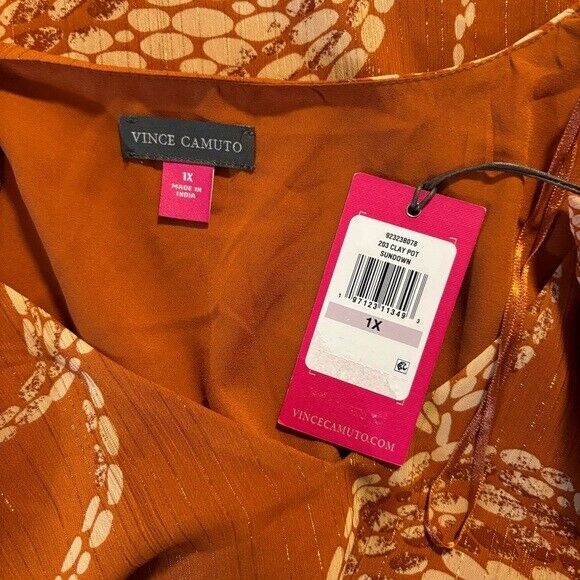 VINCE CAMUTO Plus Size 1X Orange Blouson-Sleeve Smocked-Cuff V-Neck Blouse NWT