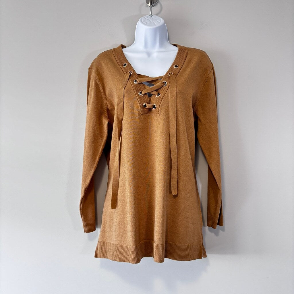 INC International Concepts Women's Large Petite Brown Lace-Up Tunic Sweater NWT