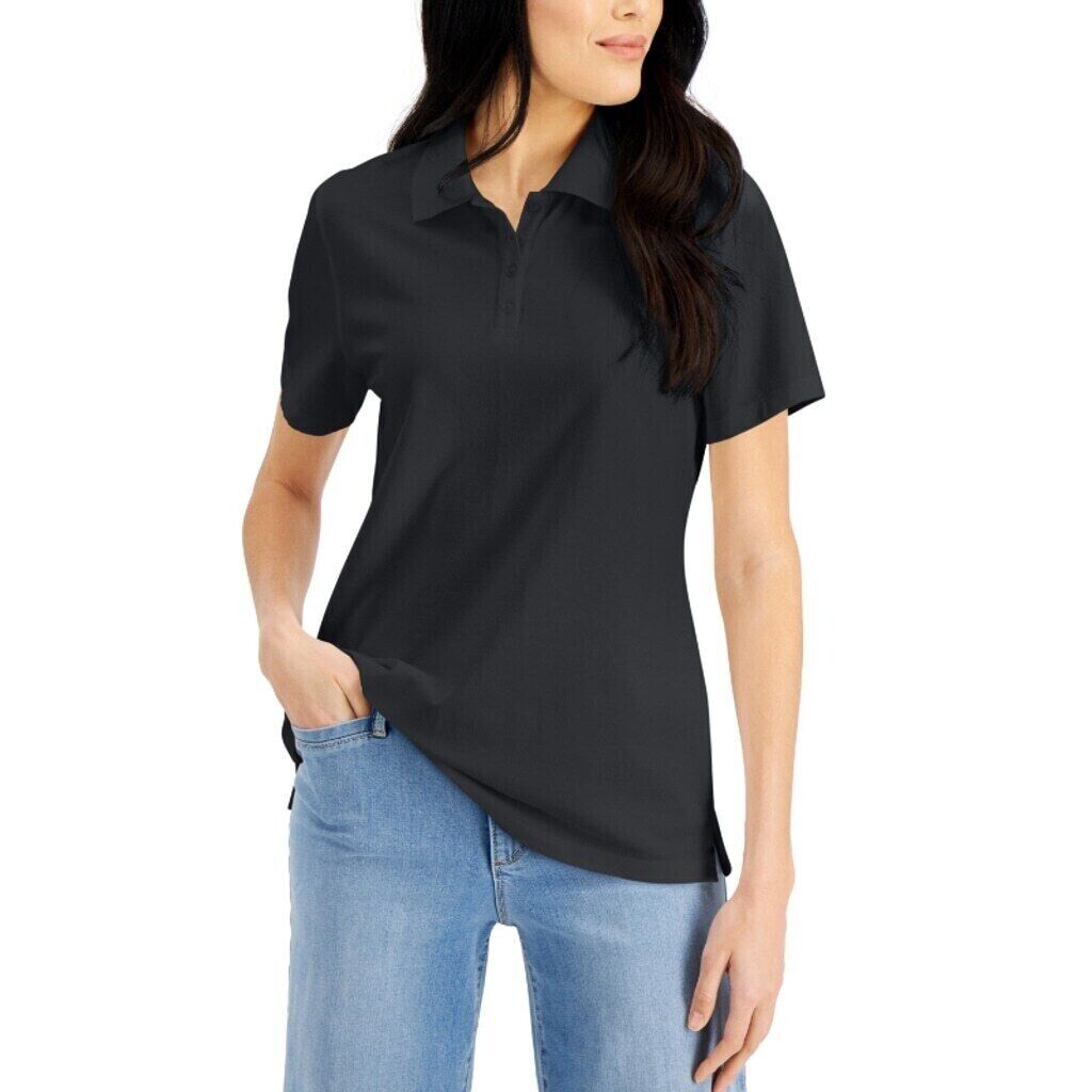 Karen Scott Women's Petite Black Knit 100% Cotton Polo NWT.